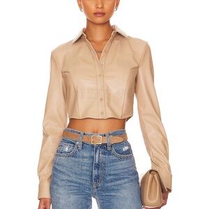 FLEUR DU MAL Faux Leather Cropped Button Down in Desert Size XS